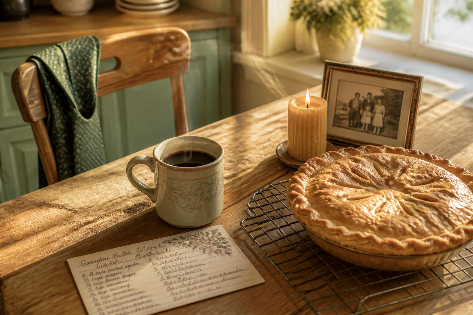 A warm kitchen table with a handwritten recipe card, a coffee mug, a freshly baked pie, a family photo frame, and a lit candle